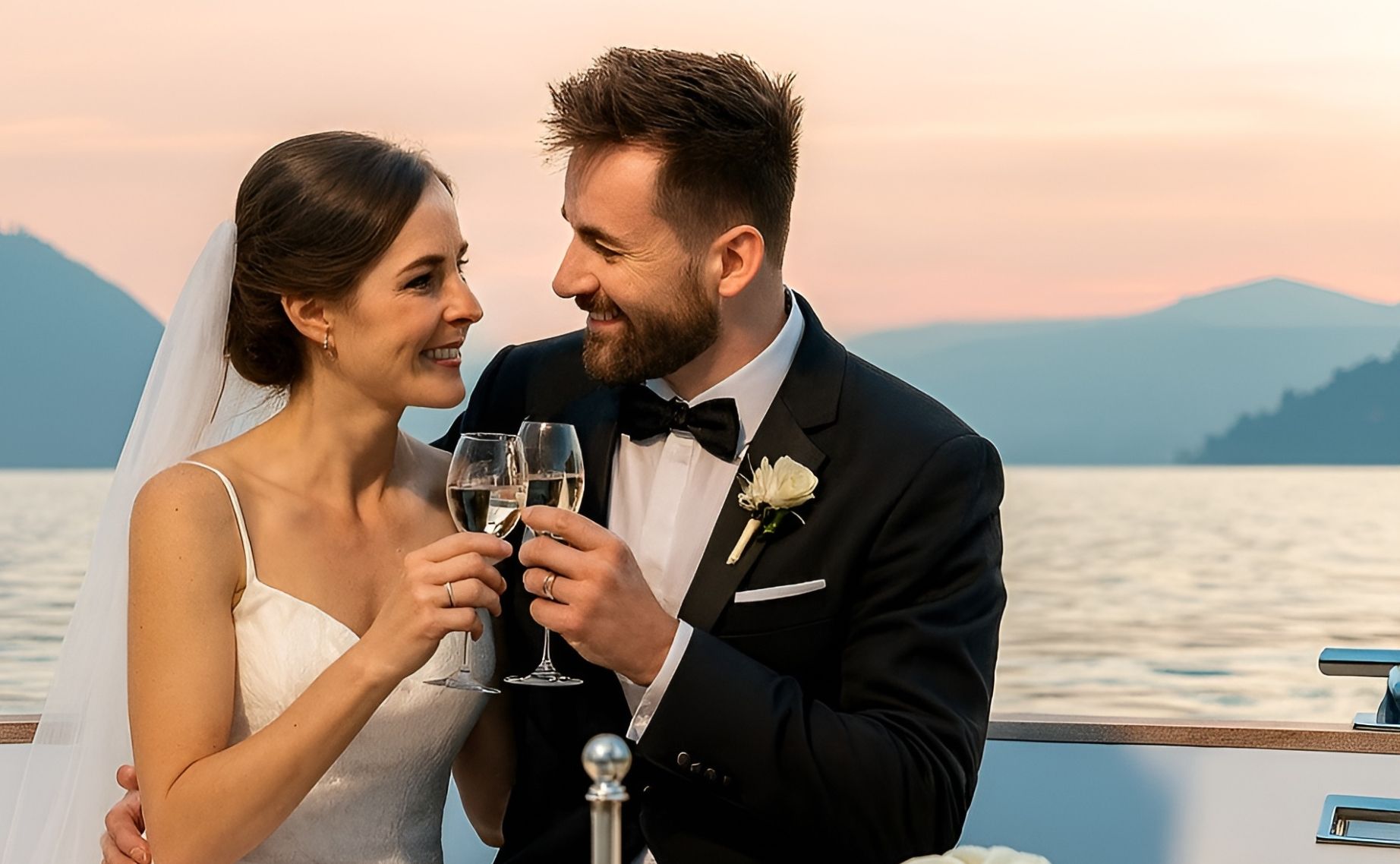 Bride and groom toasting on a yacht at sunset on Lake Como.