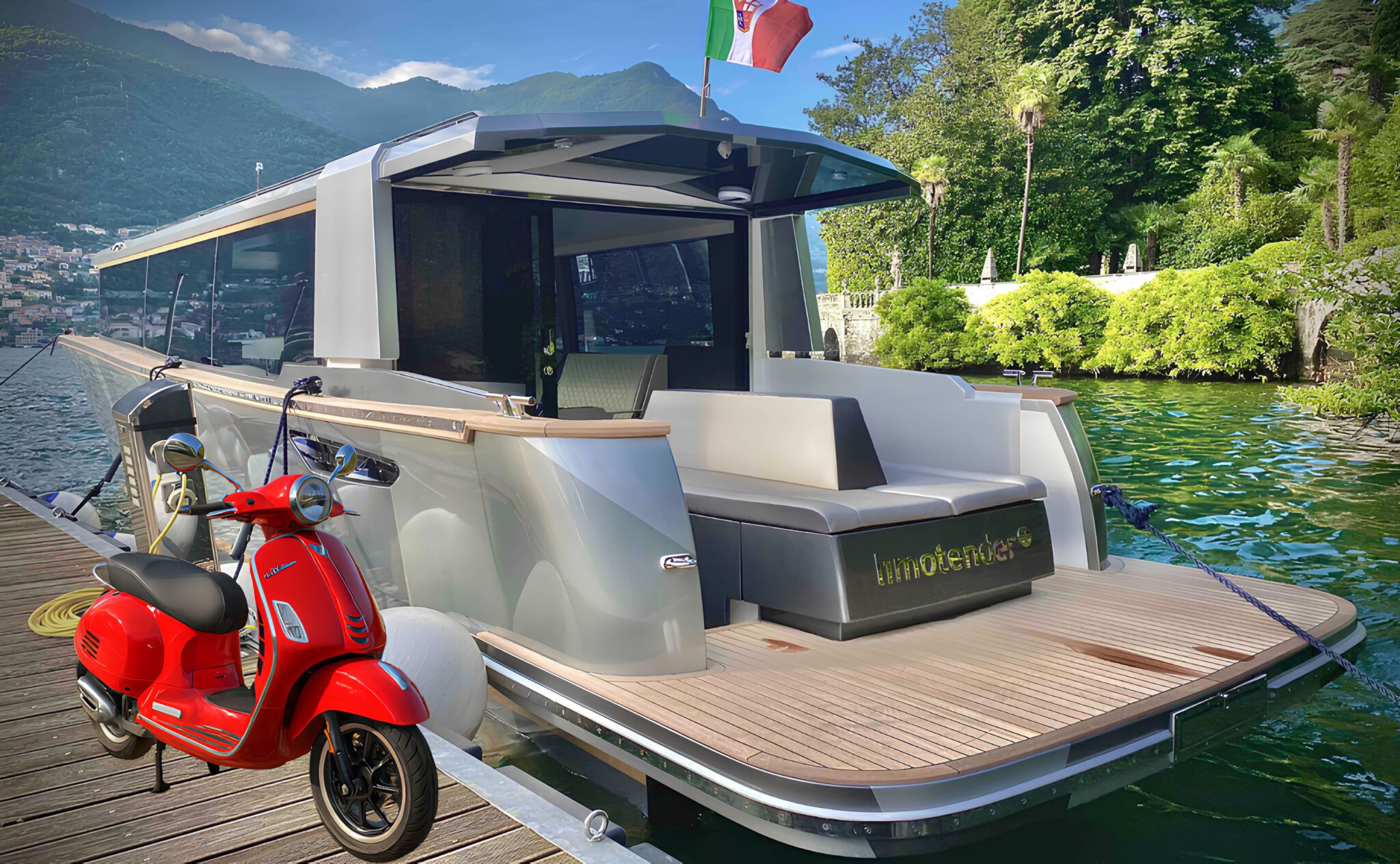 Red Vespa parked beside sleek Limotender yacht at a leafy Lake Como pier, ready for guests.